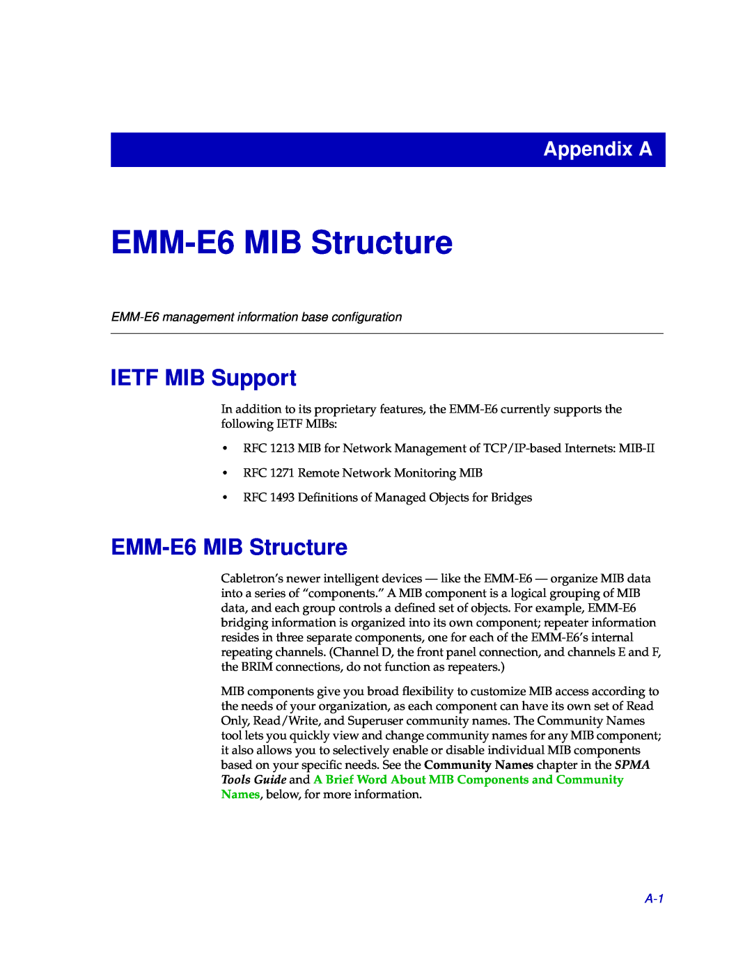 Cabletron Systems EMM-E6 MIB Structure, IETF MIB Support, Appendix A, EMM-E6 management information base conﬁguration 