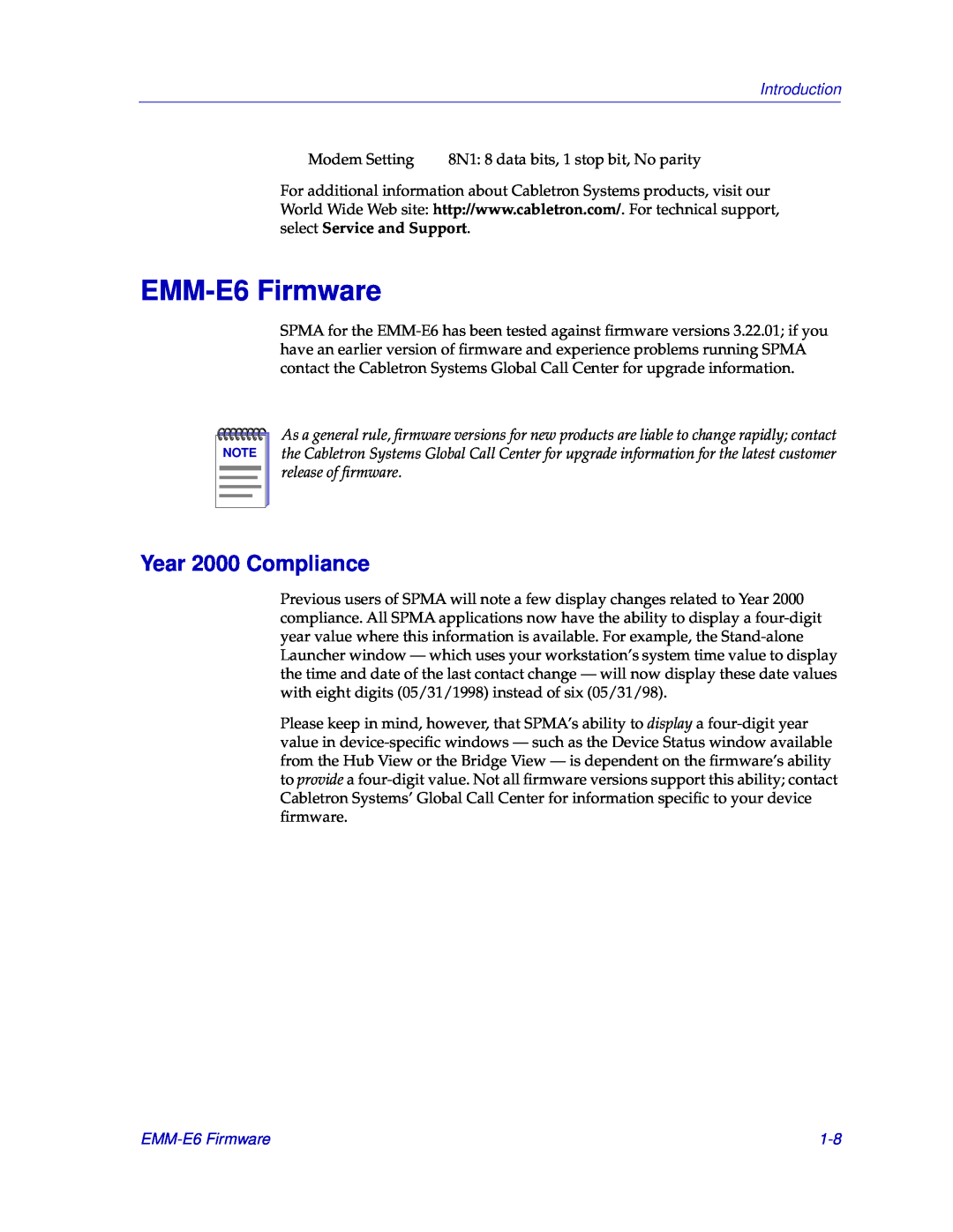 Cabletron Systems manual EMM-E6 Firmware, Year 2000 Compliance, Introduction 
