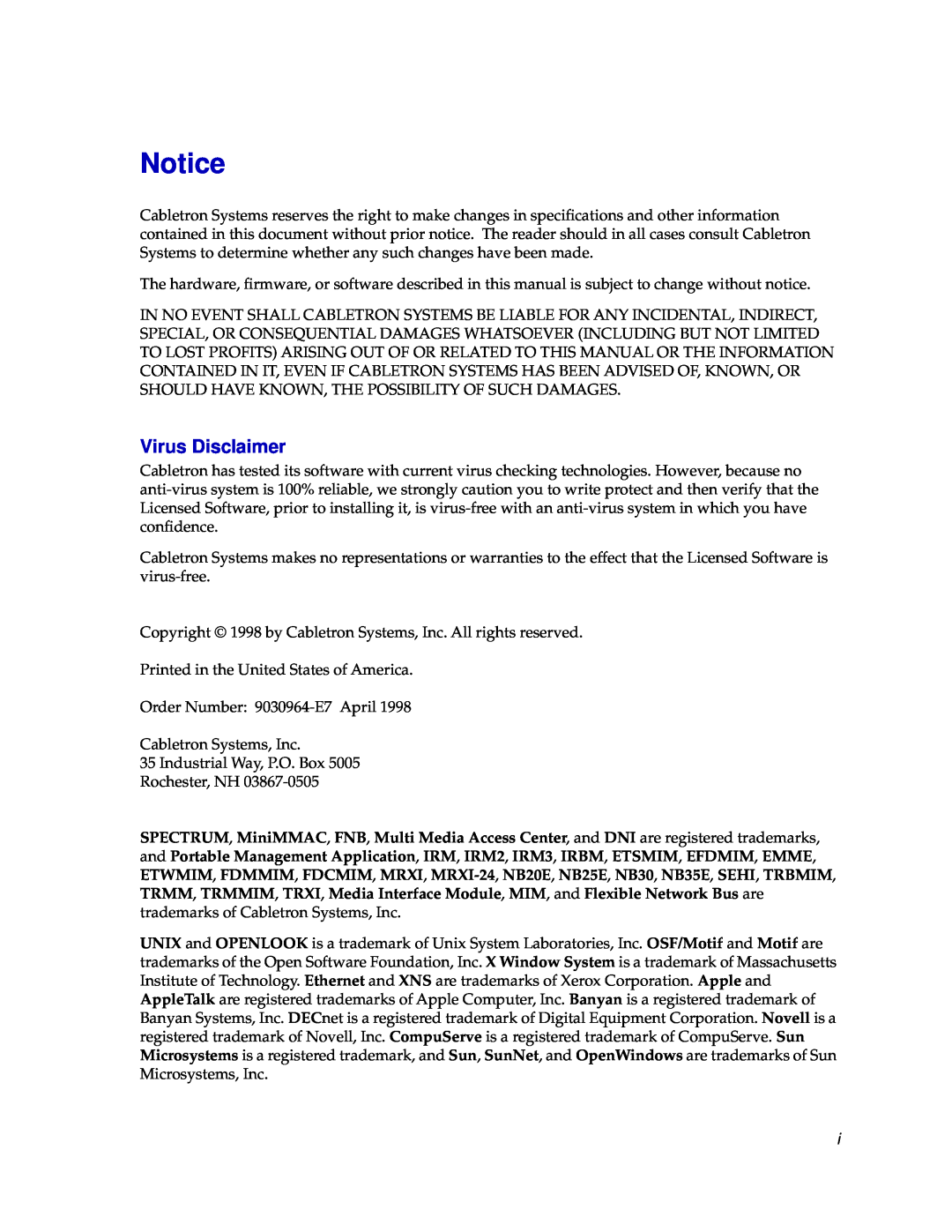 Cabletron Systems EMM-E6 manual Virus Disclaimer 