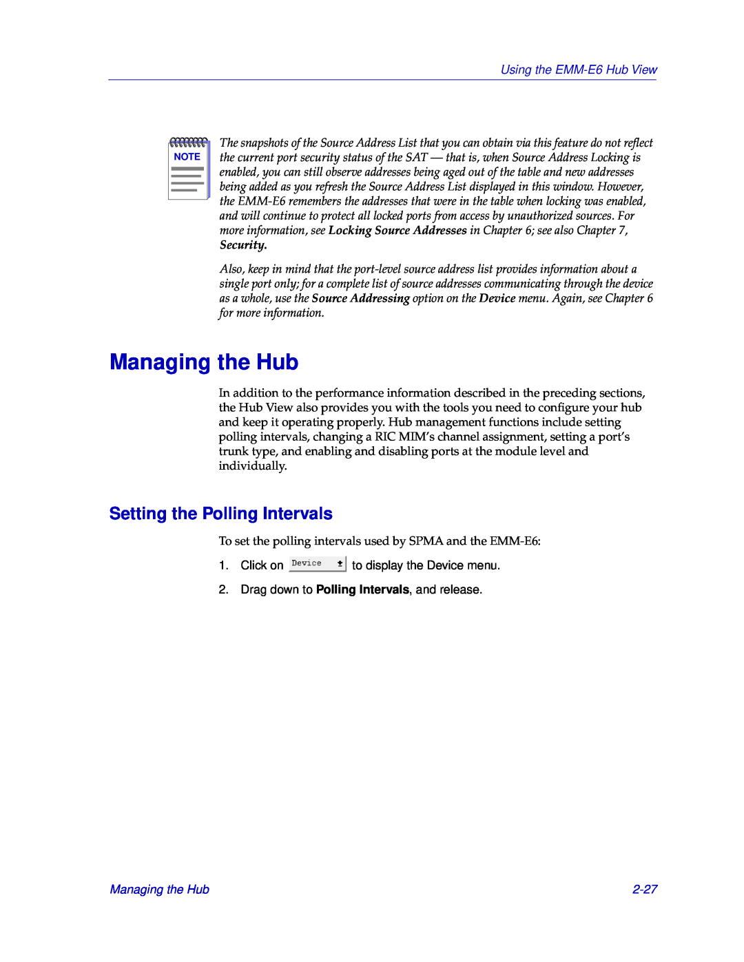Cabletron Systems manual Managing the Hub, Setting the Polling Intervals, 2-27, Using the EMM-E6 Hub View, Security 