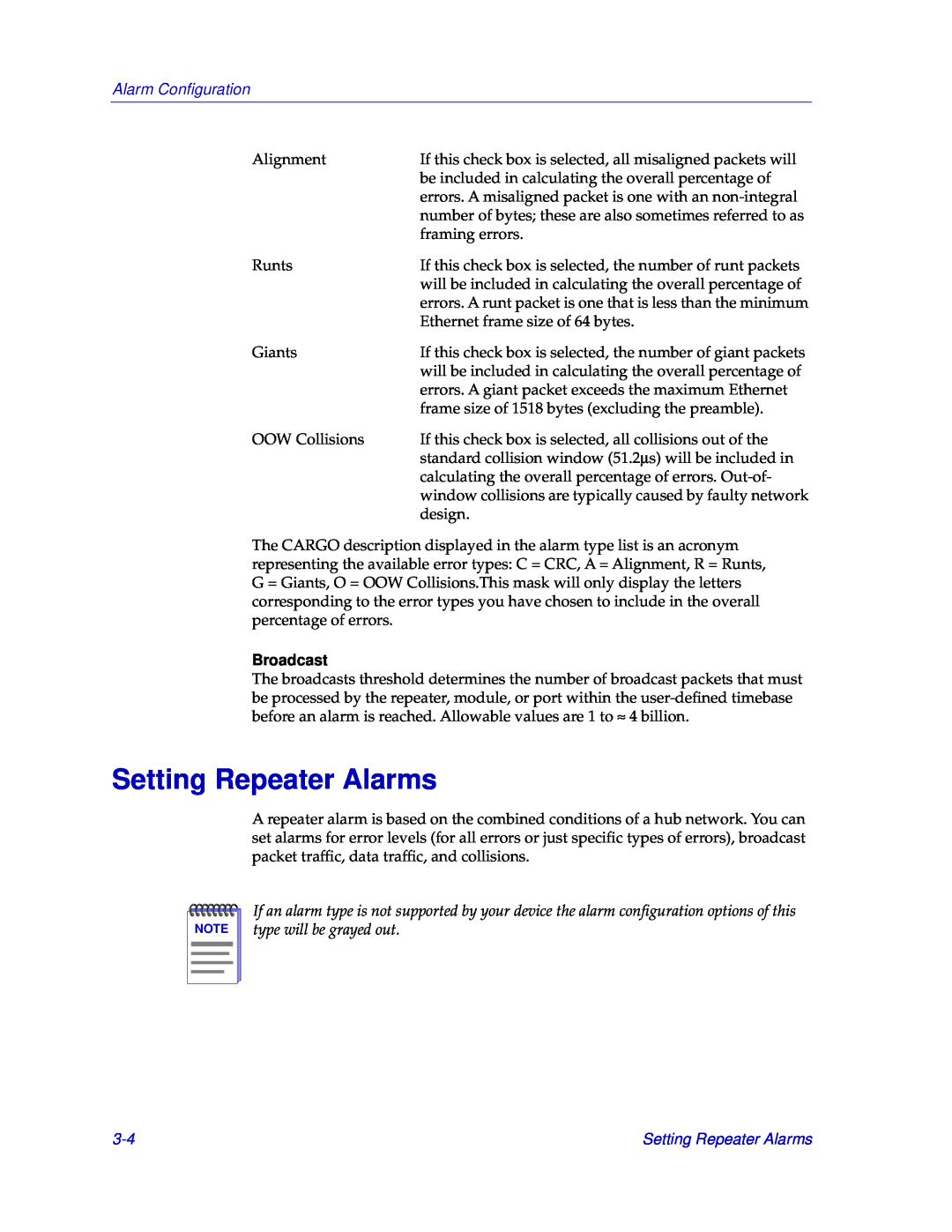 Cabletron Systems EMM-E6 manual Setting Repeater Alarms, Broadcast, Alarm Conﬁguration 