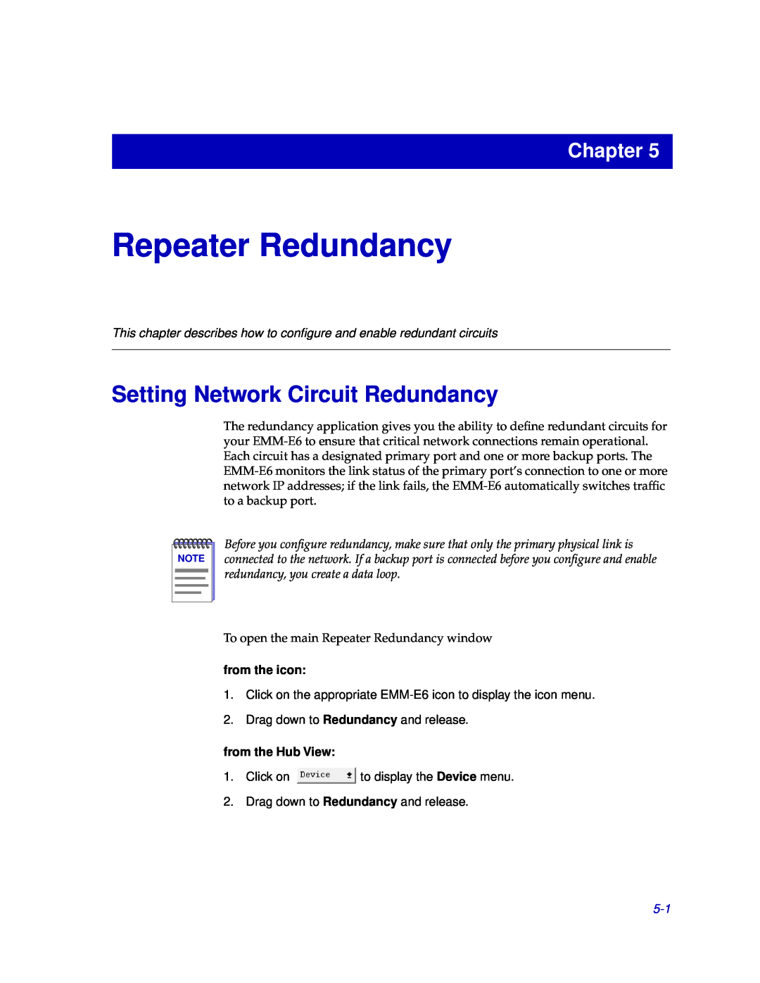 Cabletron Systems EMM-E6 manual Repeater Redundancy, Setting Network Circuit Redundancy, Chapter, from the icon 