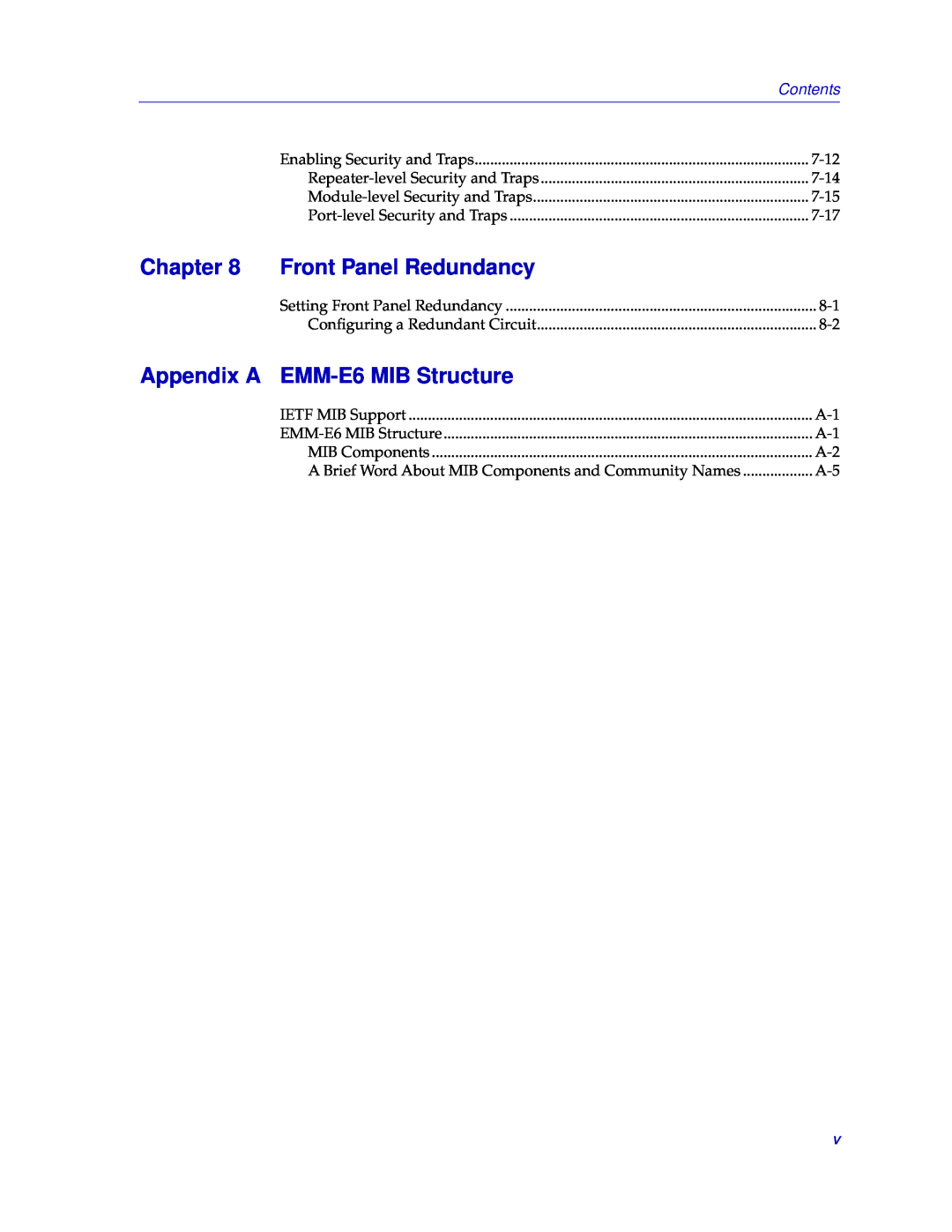 Cabletron Systems manual Front Panel Redundancy, Appendix A EMM-E6 MIB Structure, Chapter, Contents 
