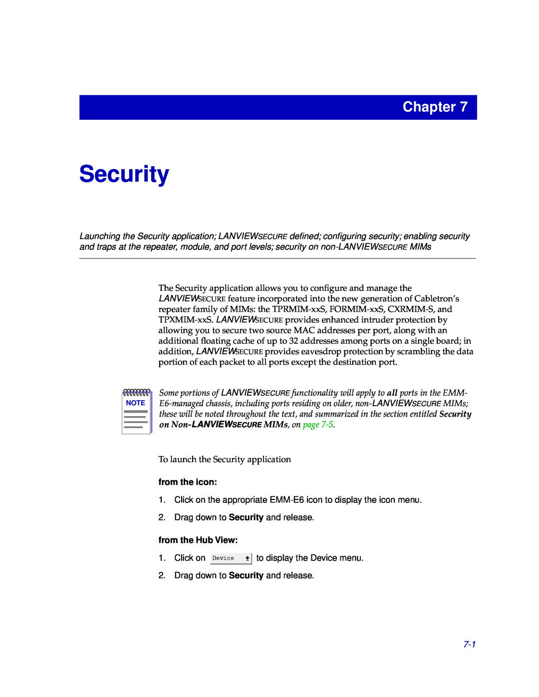 Cabletron Systems EMM-E6 manual Security, Chapter, from the icon, from the Hub View 