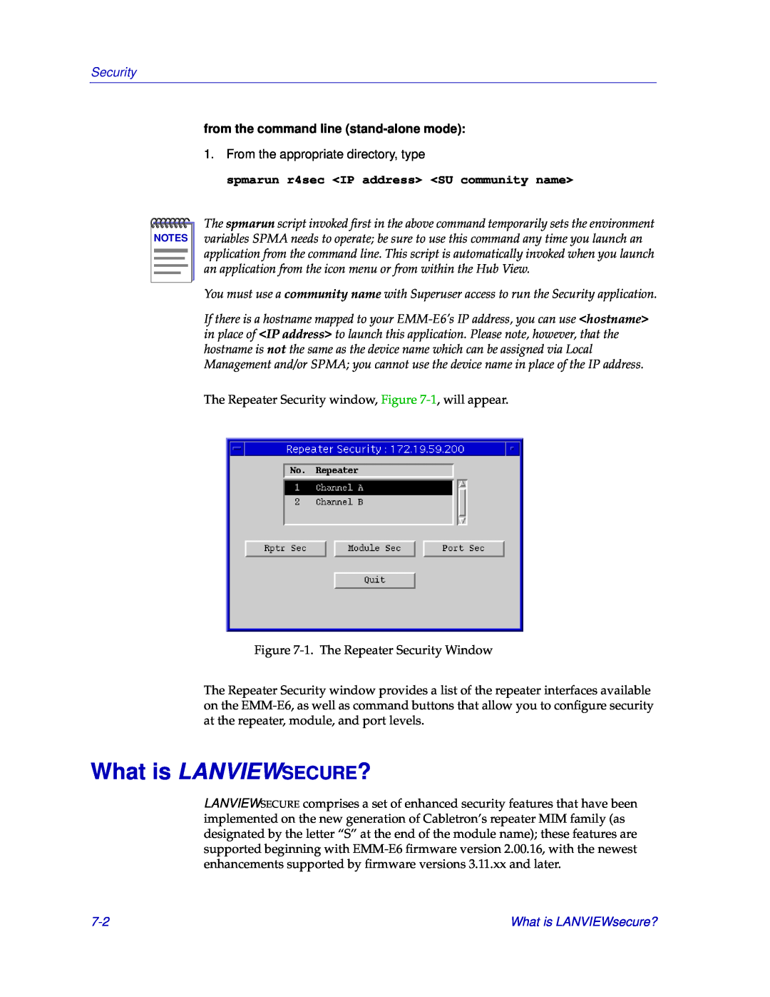 Cabletron Systems EMM-E6 manual What is LANVIEWSECURE?, Security, spmarun r4sec IP address SU community name 