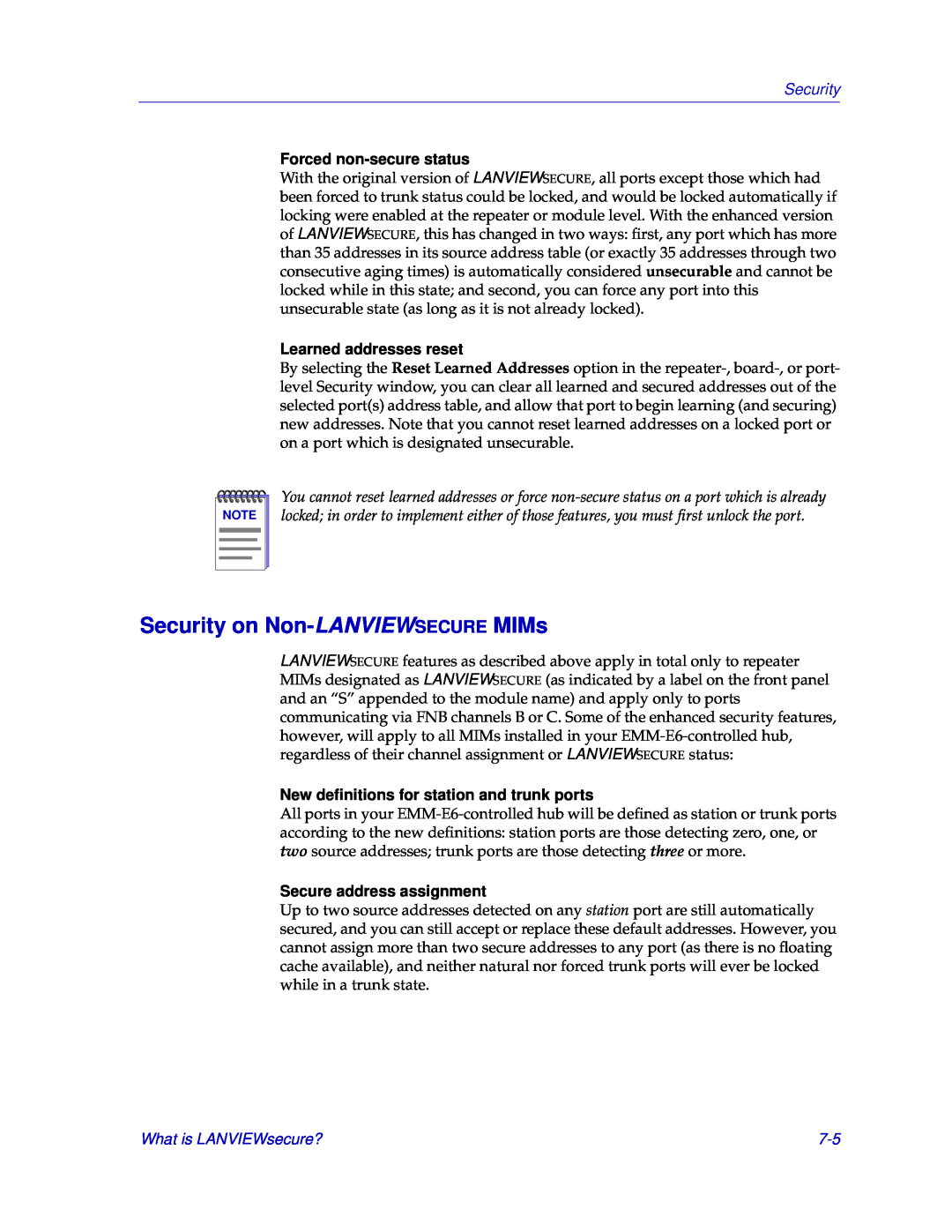 Cabletron Systems EMM-E6 manual Security on Non-LANVIEWSECURE MIMs, Forced non-secure status, Learned addresses reset 