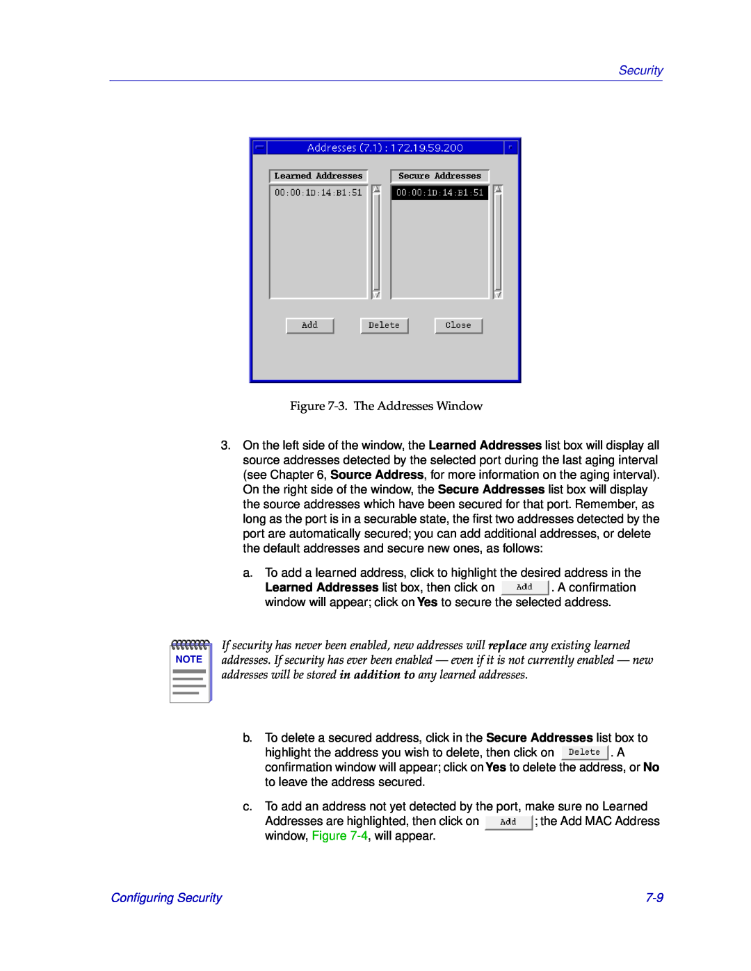 Cabletron Systems EMM-E6 manual 3. The Addresses Window, Conﬁguring Security 