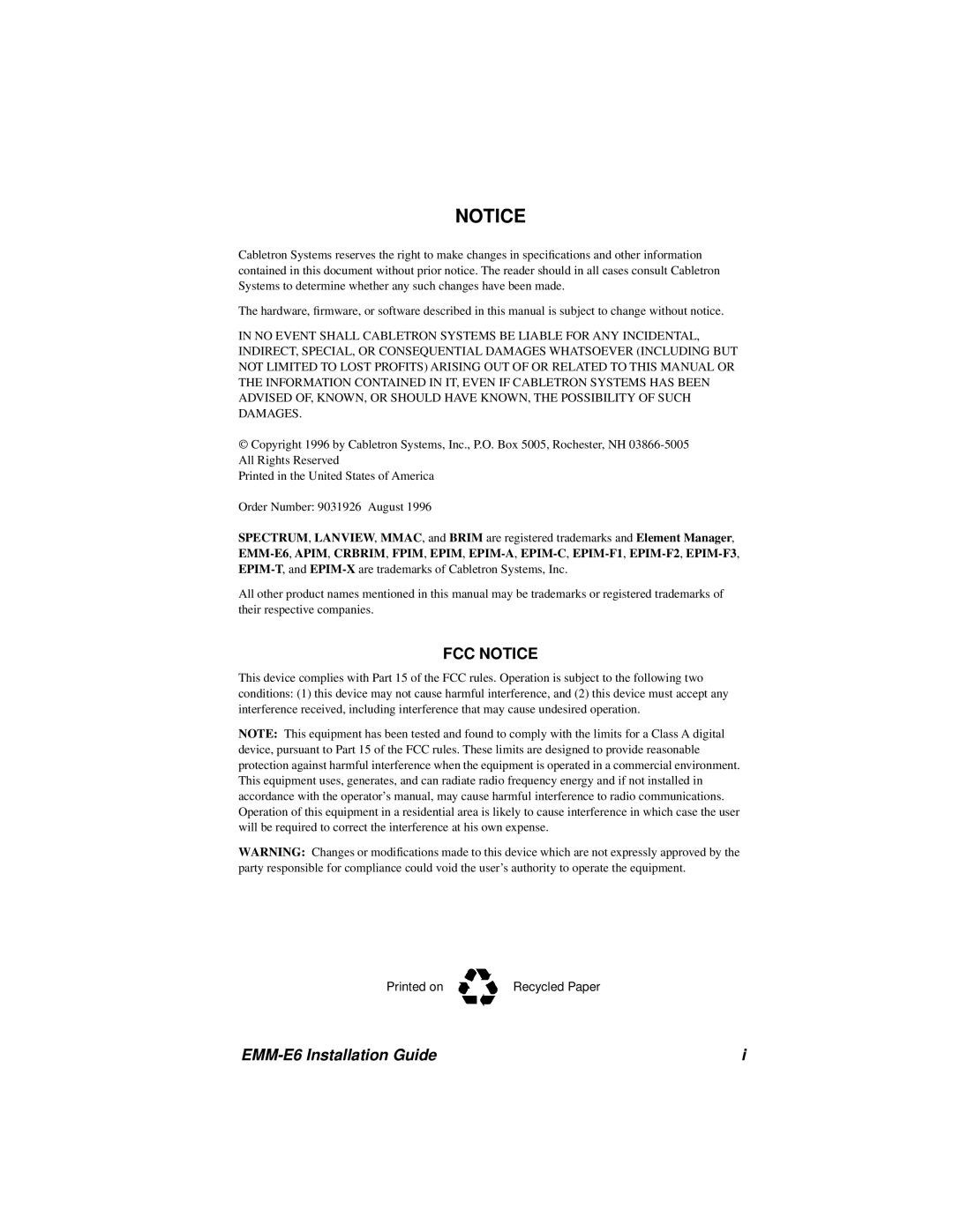 Cabletron Systems manual Fcc Notice, EMM-E6 Installation Guide 