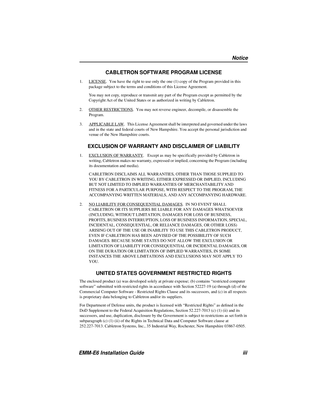 Cabletron Systems EMM-E6 manual Cabletron Software Program License, Exclusion Of Warranty And Disclaimer Of Liability 