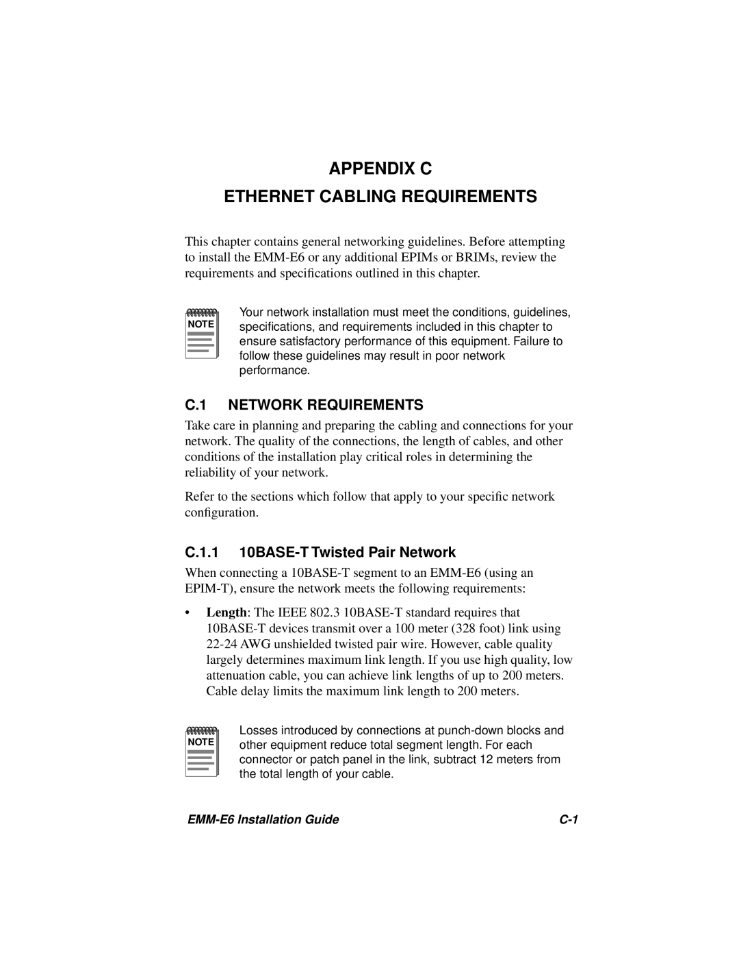 Cabletron Systems EMM-E6 manual Appendix C Ethernet Cabling Requirements, C.1 NETWORK REQUIREMENTS 