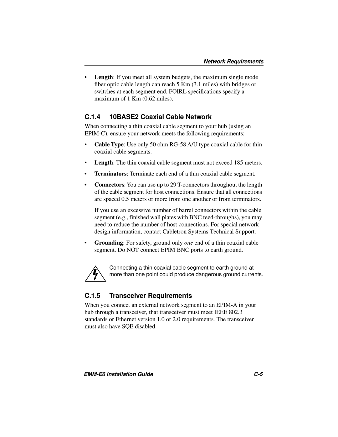 Cabletron Systems EMM-E6 manual C.1.4 10BASE2 Coaxial Cable Network, C.1.5 Transceiver Requirements 