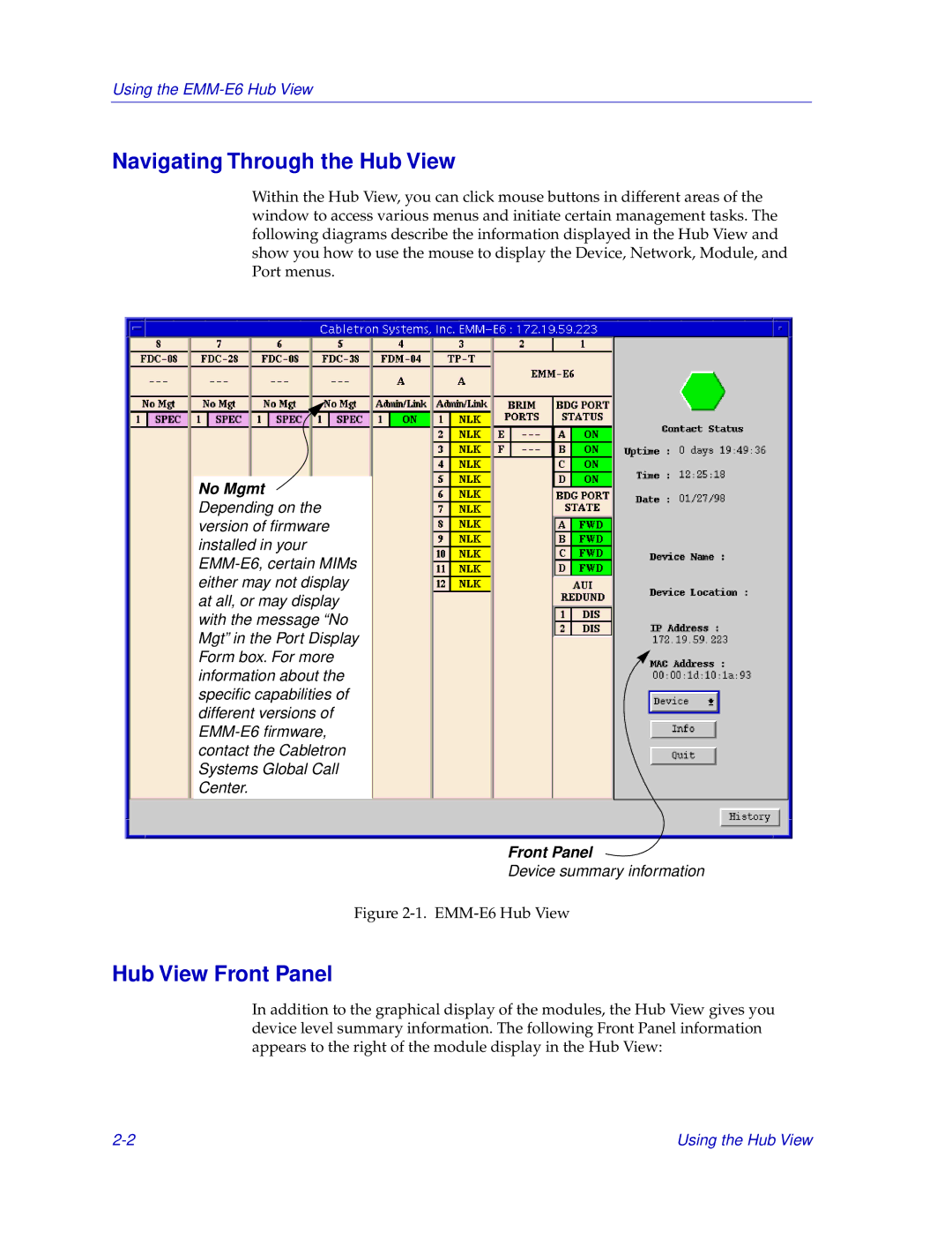 Cabletron Systems EMM-E6 manual Navigating Through the Hub View, Hub View Front Panel 