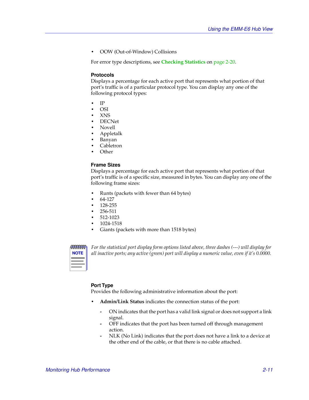 Cabletron Systems EMM-E6 manual Protocols, Frame Sizes, Port Type 