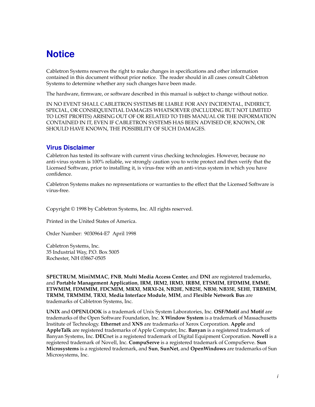 Cabletron Systems EMM-E6 manual Virus Disclaimer 