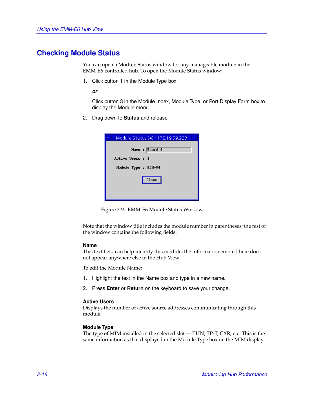 Cabletron Systems EMM-E6 manual Checking Module Status, Module Type 