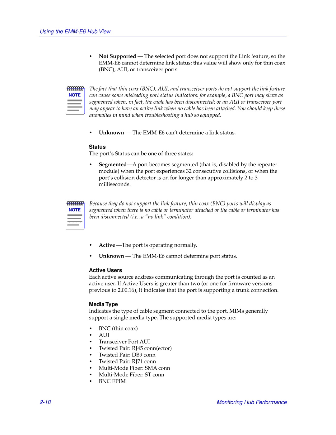 Cabletron Systems EMM-E6 manual Status, Media Type 