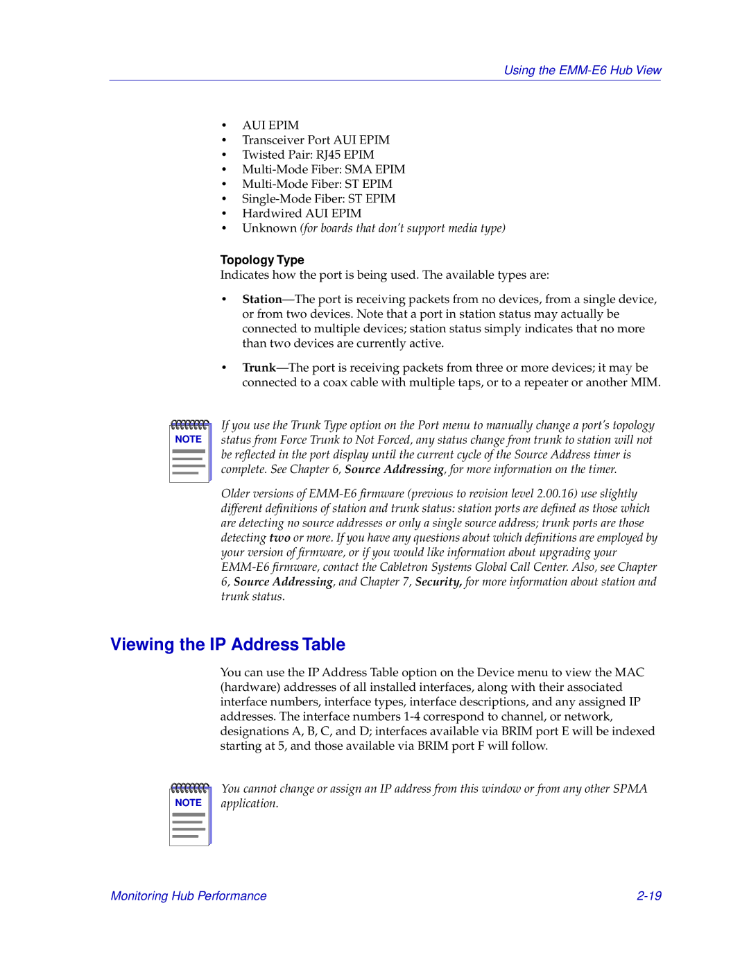 Cabletron Systems EMM-E6 manual Viewing the IP Address Table, Topology Type 