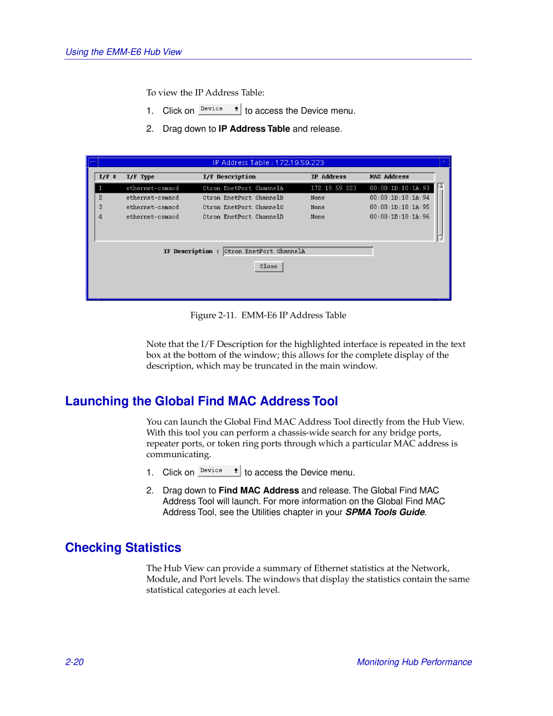 Cabletron Systems EMM-E6 manual Launching the Global Find MAC Address Tool, Checking Statistics 