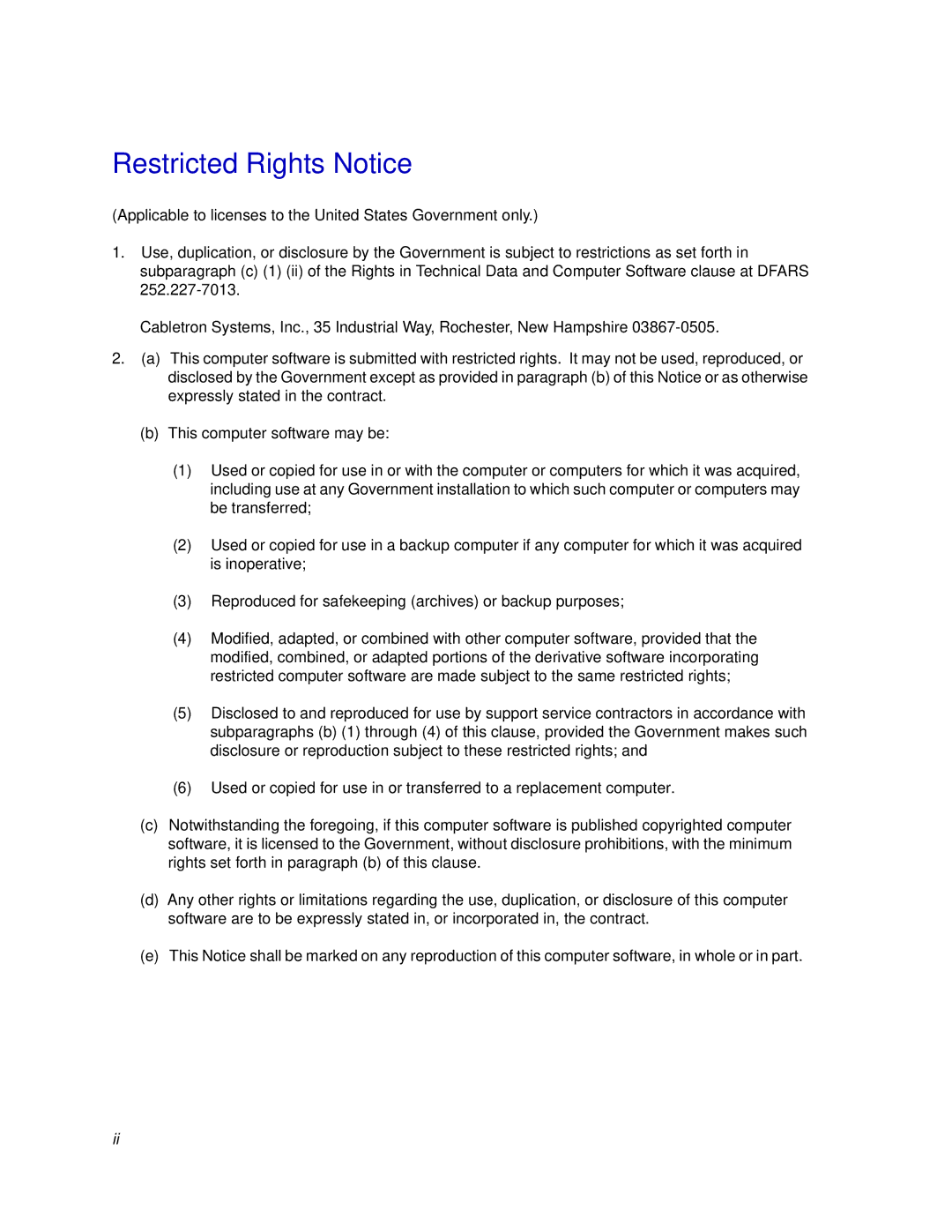 Cabletron Systems EMM-E6 manual Restricted Rights Notice 