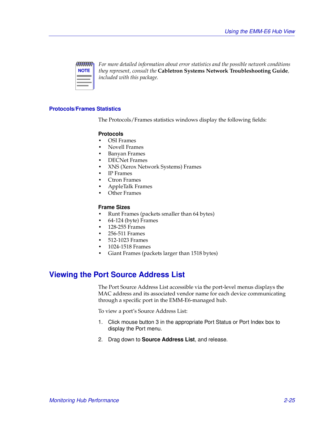 Cabletron Systems EMM-E6 manual Viewing the Port Source Address List, Protocols/Frames Statistics 