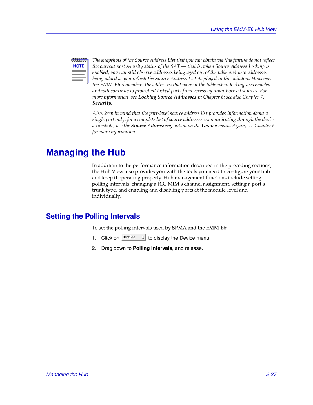 Cabletron Systems EMM-E6 manual Managing the Hub, Setting the Polling Intervals 