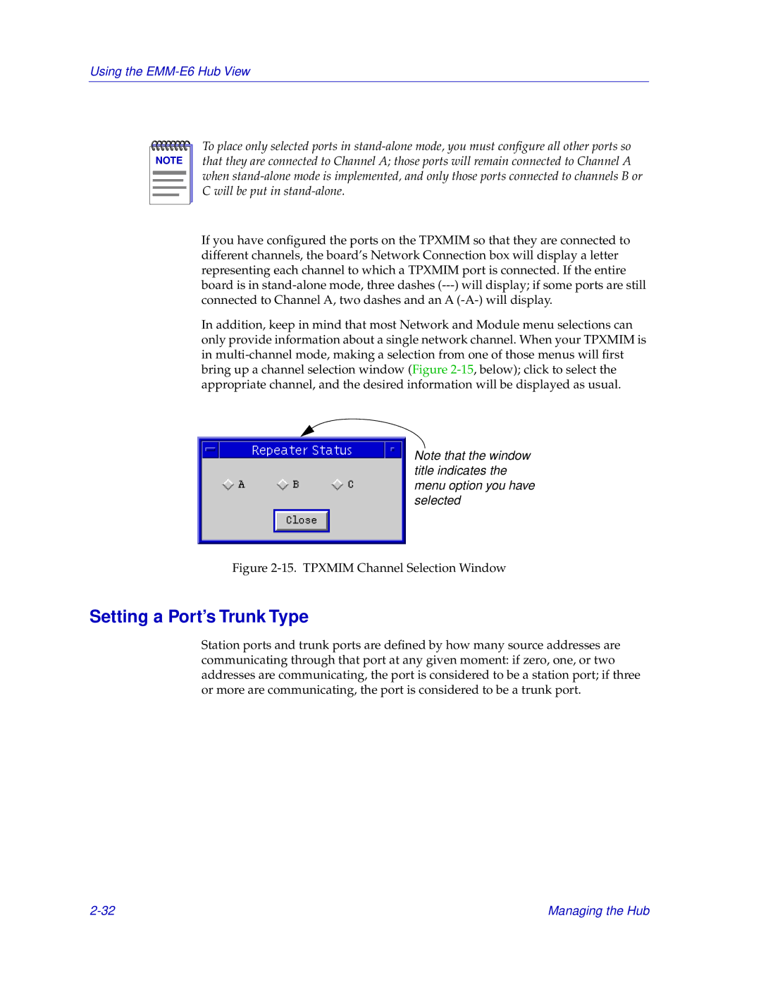 Cabletron Systems EMM-E6 manual Setting a Port’s Trunk Type, Tpxmim Channel Selection Window 