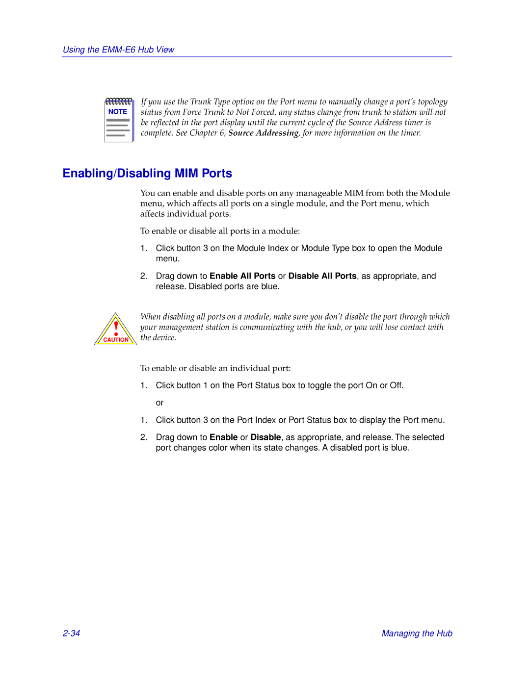 Cabletron Systems EMM-E6 manual Enabling/Disabling MIM Ports 