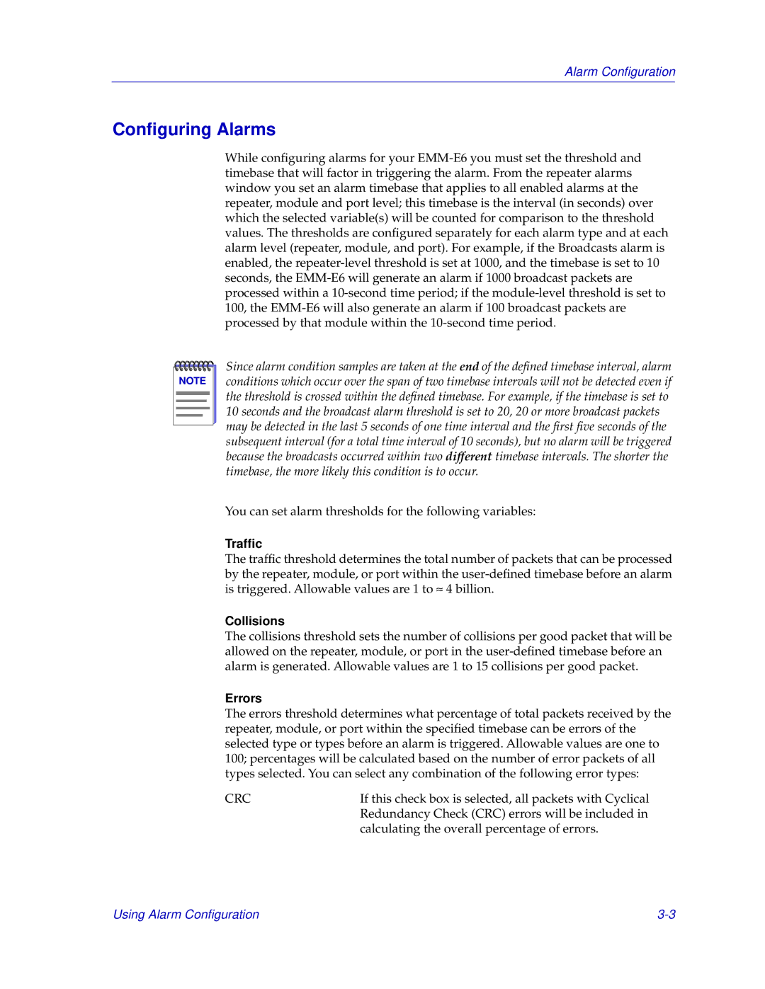 Cabletron Systems EMM-E6 manual Conﬁguring Alarms, Crc 