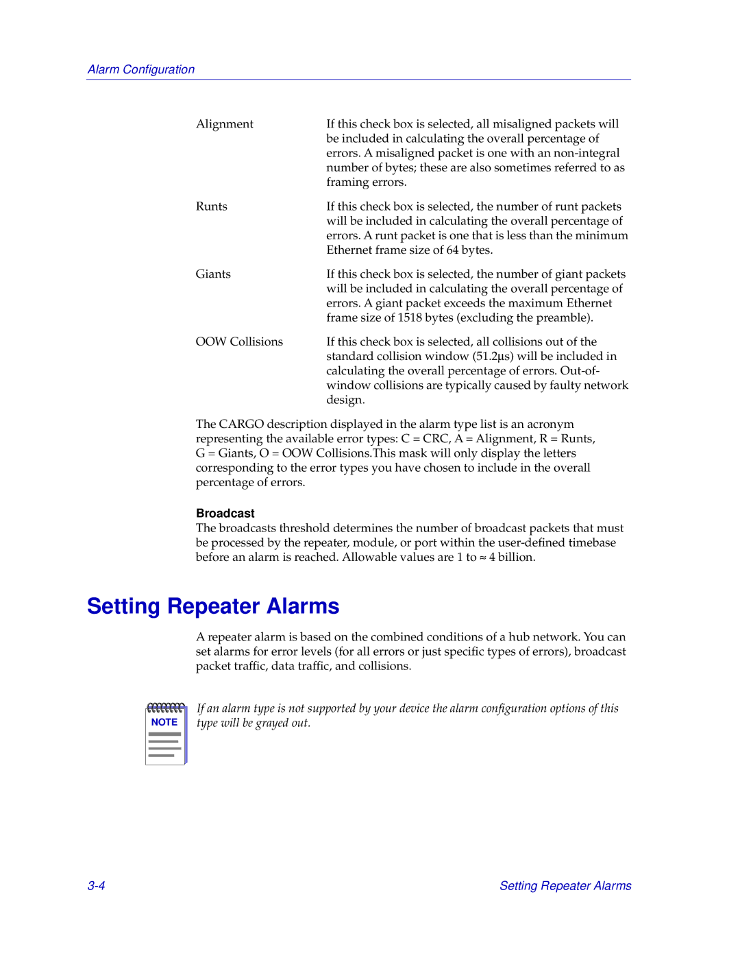 Cabletron Systems EMM-E6 manual Setting Repeater Alarms, Broadcast 