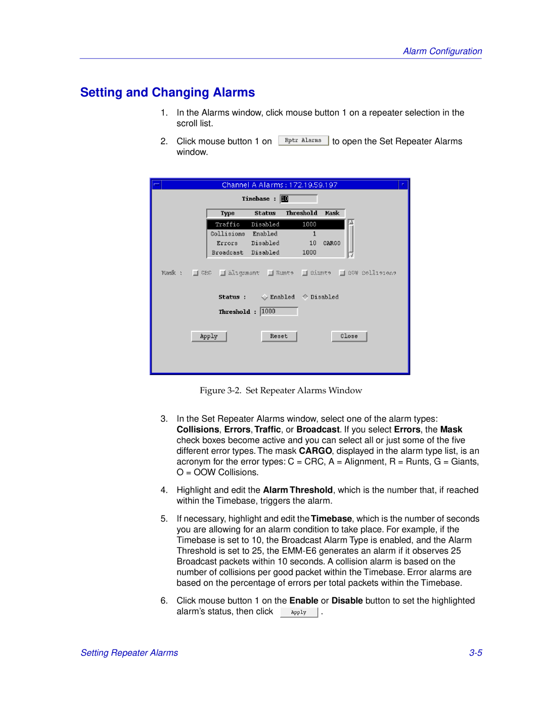 Cabletron Systems EMM-E6 manual Setting and Changing Alarms, Set Repeater Alarms Window 