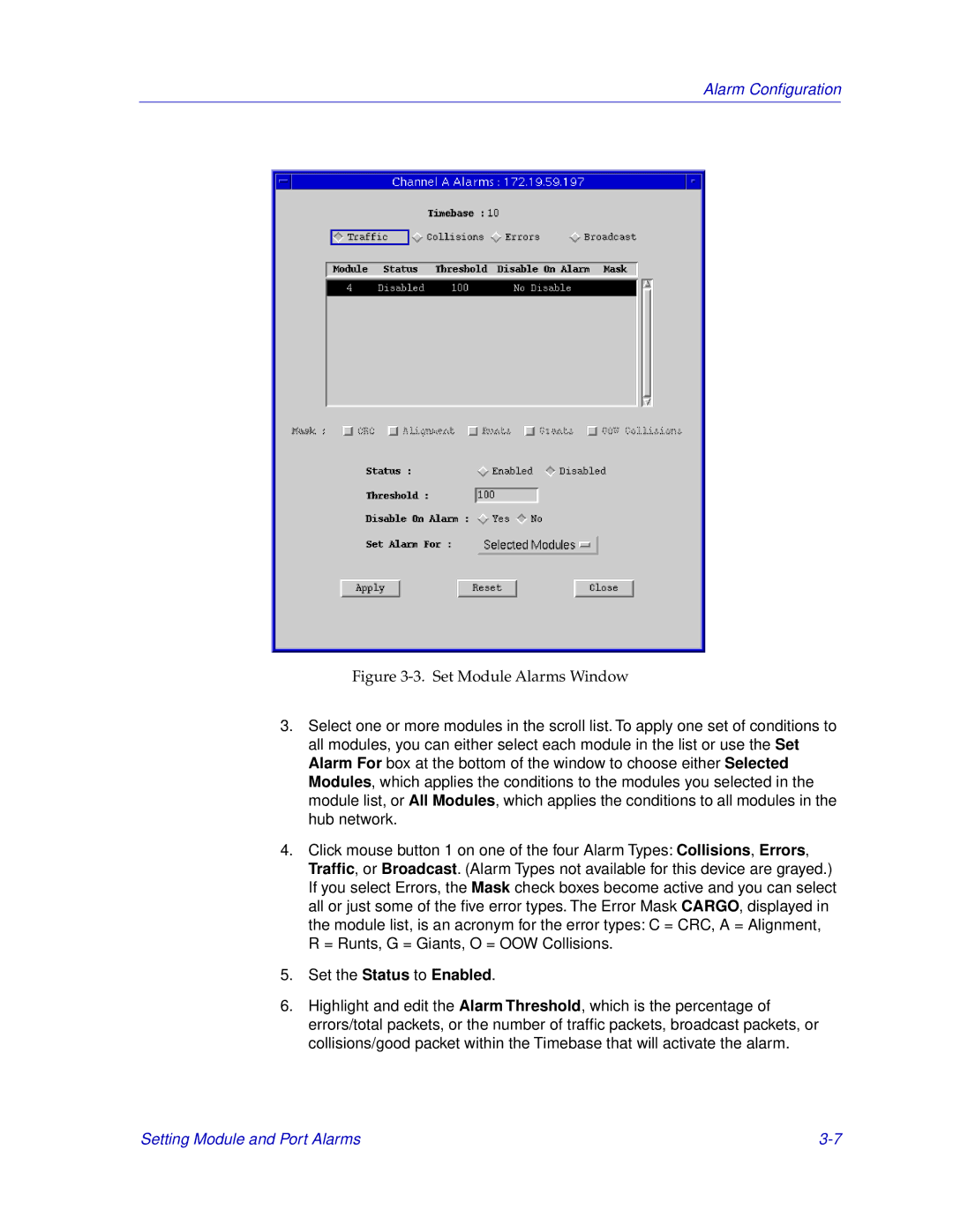 Cabletron Systems EMM-E6 manual Set Module Alarms Window, Set the Status to Enabled 