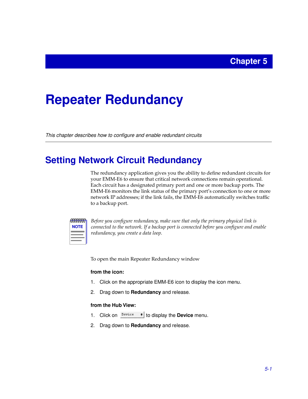 Cabletron Systems EMM-E6 manual Repeater Redundancy, Setting Network Circuit Redundancy 