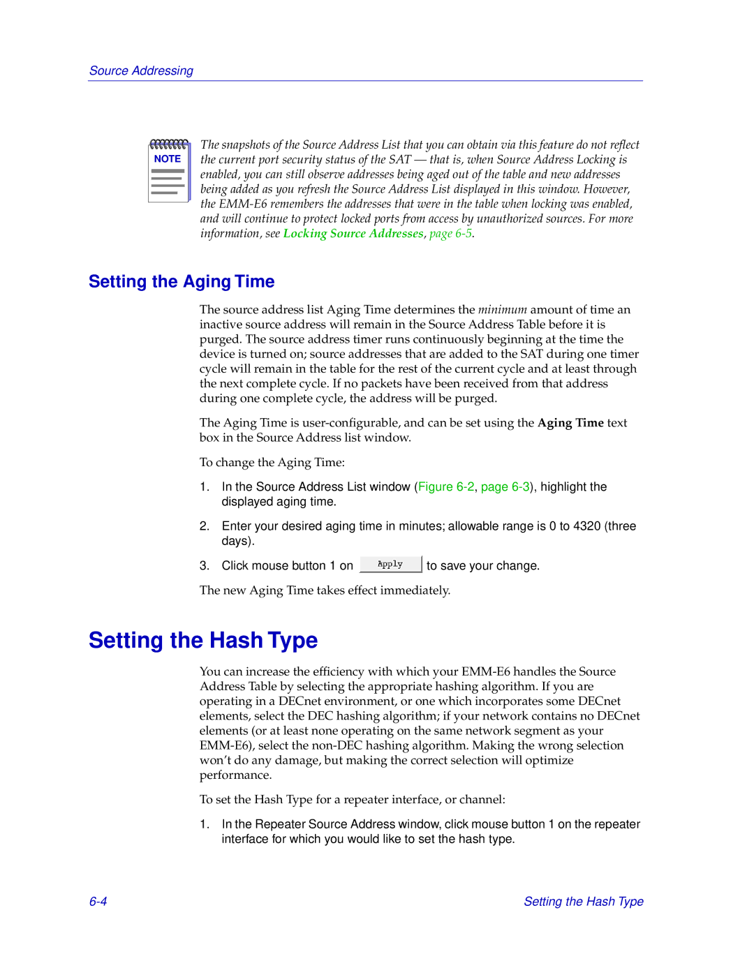 Cabletron Systems EMM-E6 manual Setting the Hash Type, Setting the Aging Time 