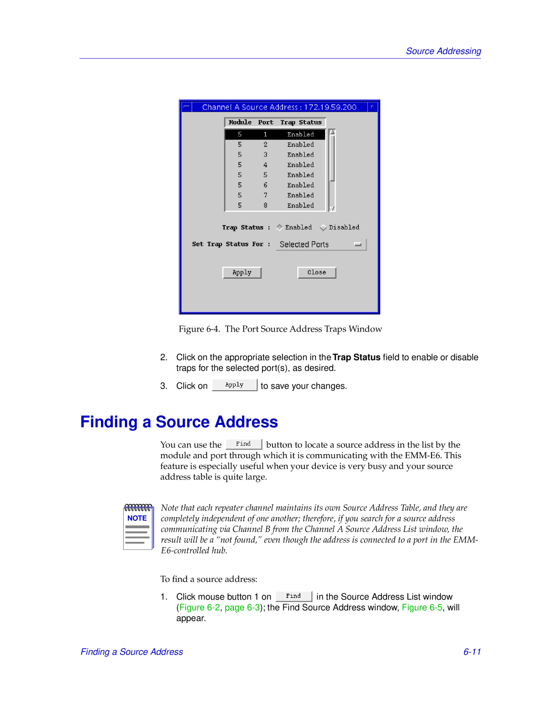 Cabletron Systems EMM-E6 manual Finding a Source Address, Port Source Address Traps Window 