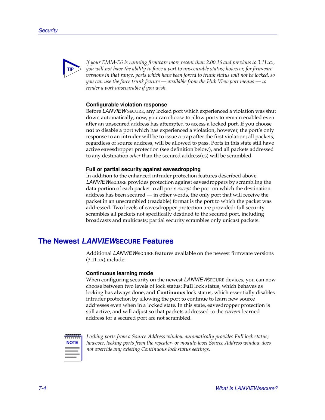 Cabletron Systems EMM-E6 manual Newest Lanviewsecure Features, Conﬁgurable violation response, Continuous learning mode 