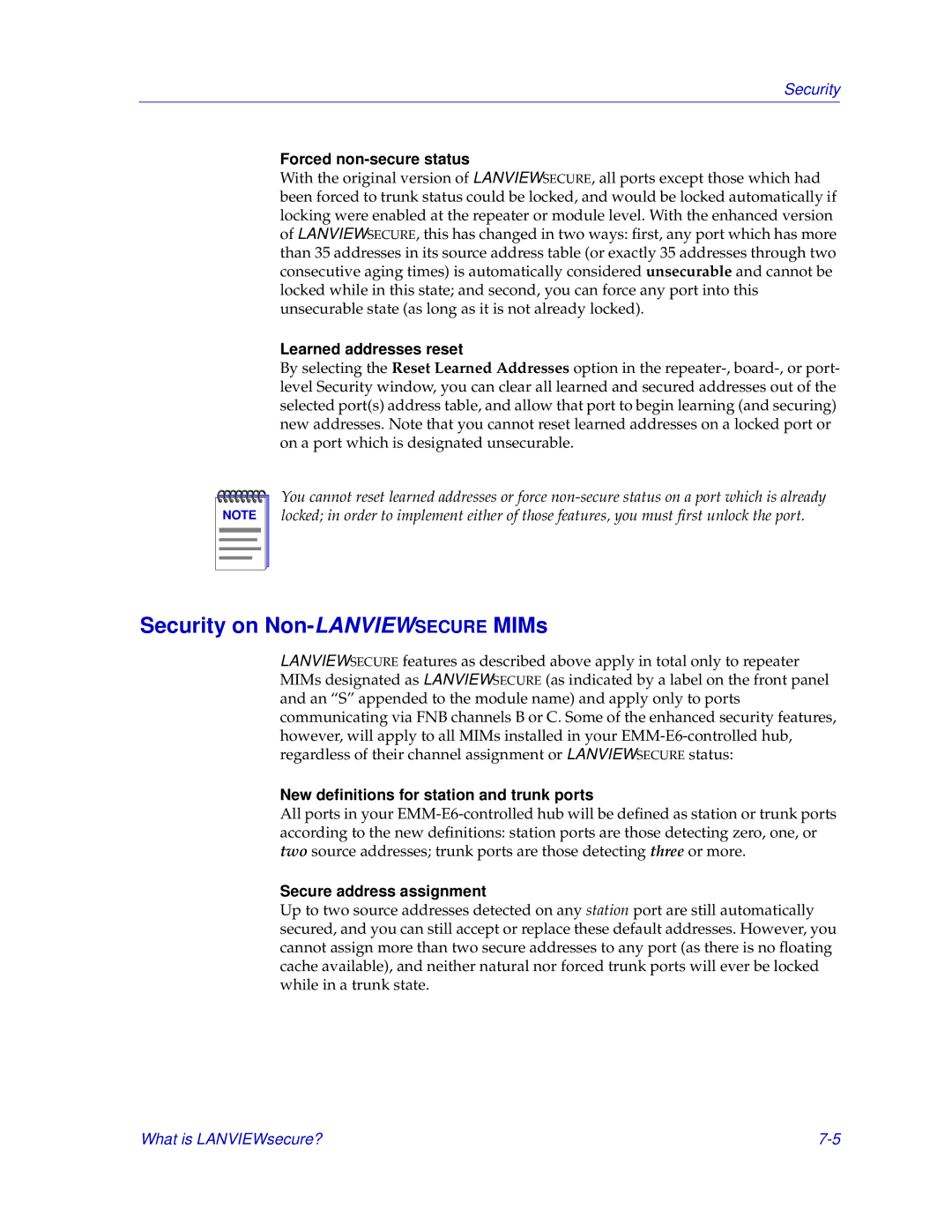 Cabletron Systems EMM-E6 manual Security on Non-LANVIEWSECUREMIMs, Forced non-secure status, Learned addresses reset 