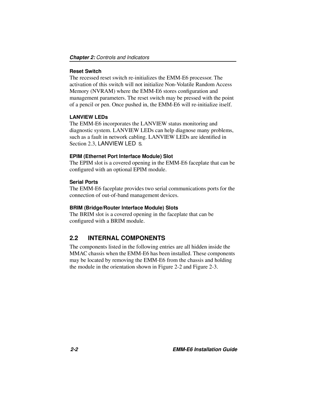 Cabletron Systems EMM-E6 manual Internal Components 