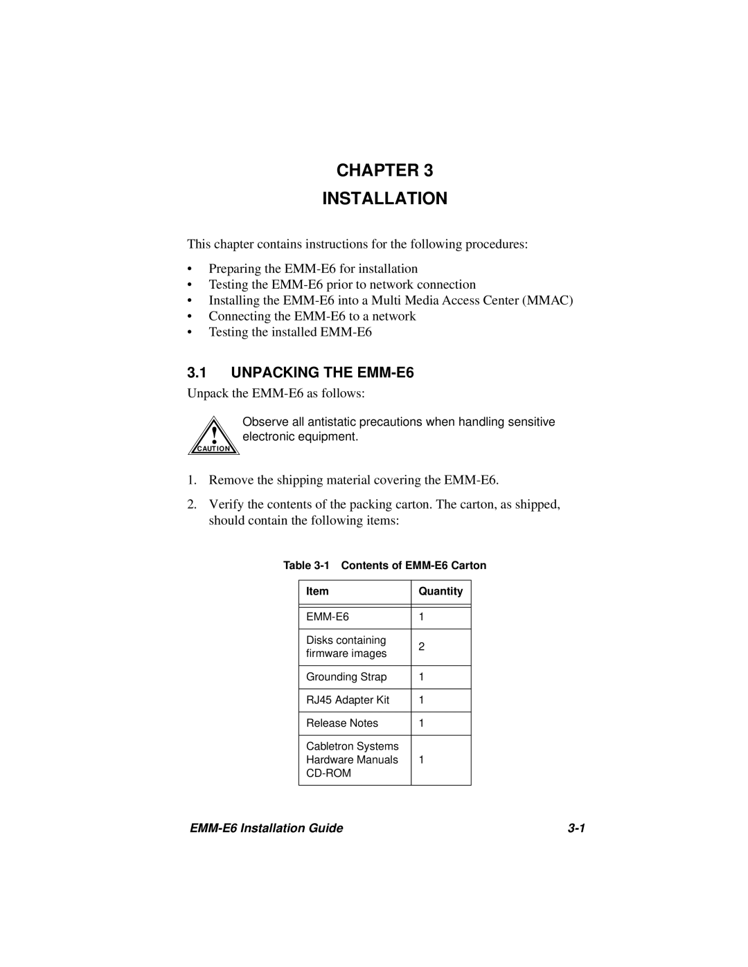 Cabletron Systems manual Chapter Installation, Unpacking the EMM-E6 