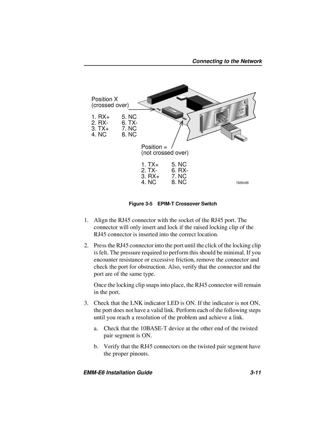 Cabletron Systems EMM-E6 manual Position X crossed over RX+ TX+ Position = Not crossed over 