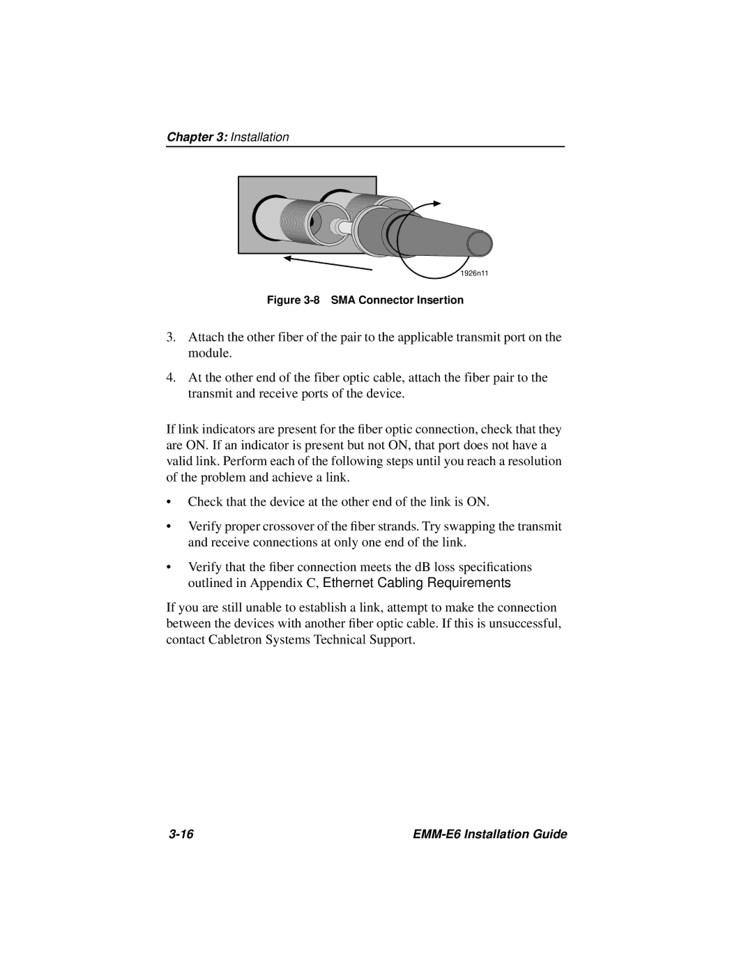 Cabletron Systems EMM-E6 manual SMA Connector Insertion 