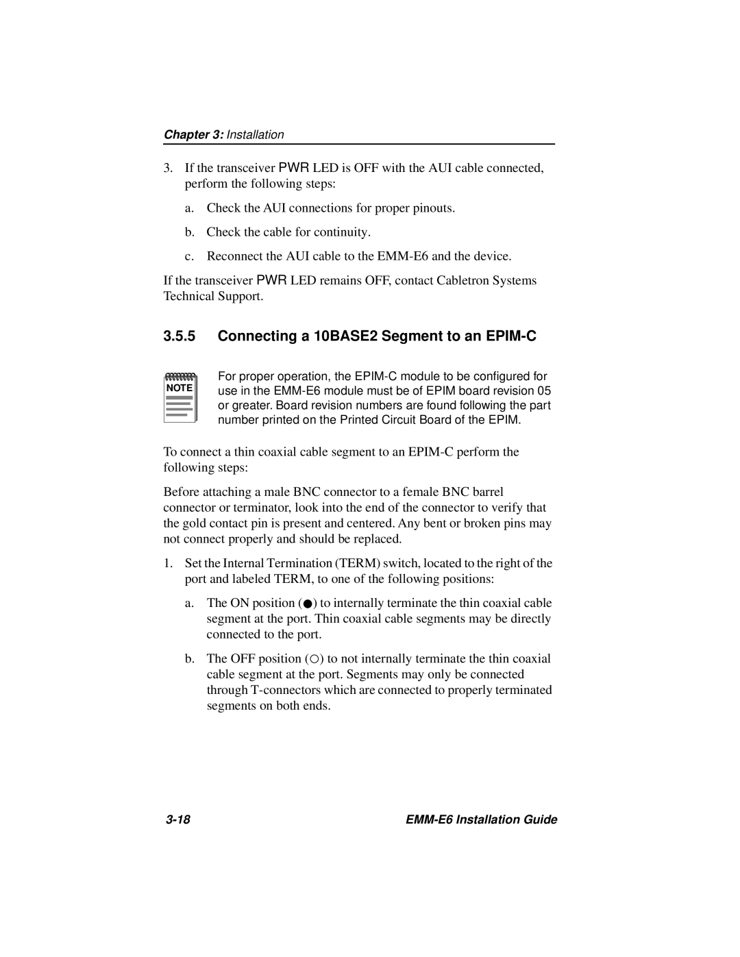 Cabletron Systems EMM-E6 manual Connecting a 10BASE2 Segment to an EPIM-C 