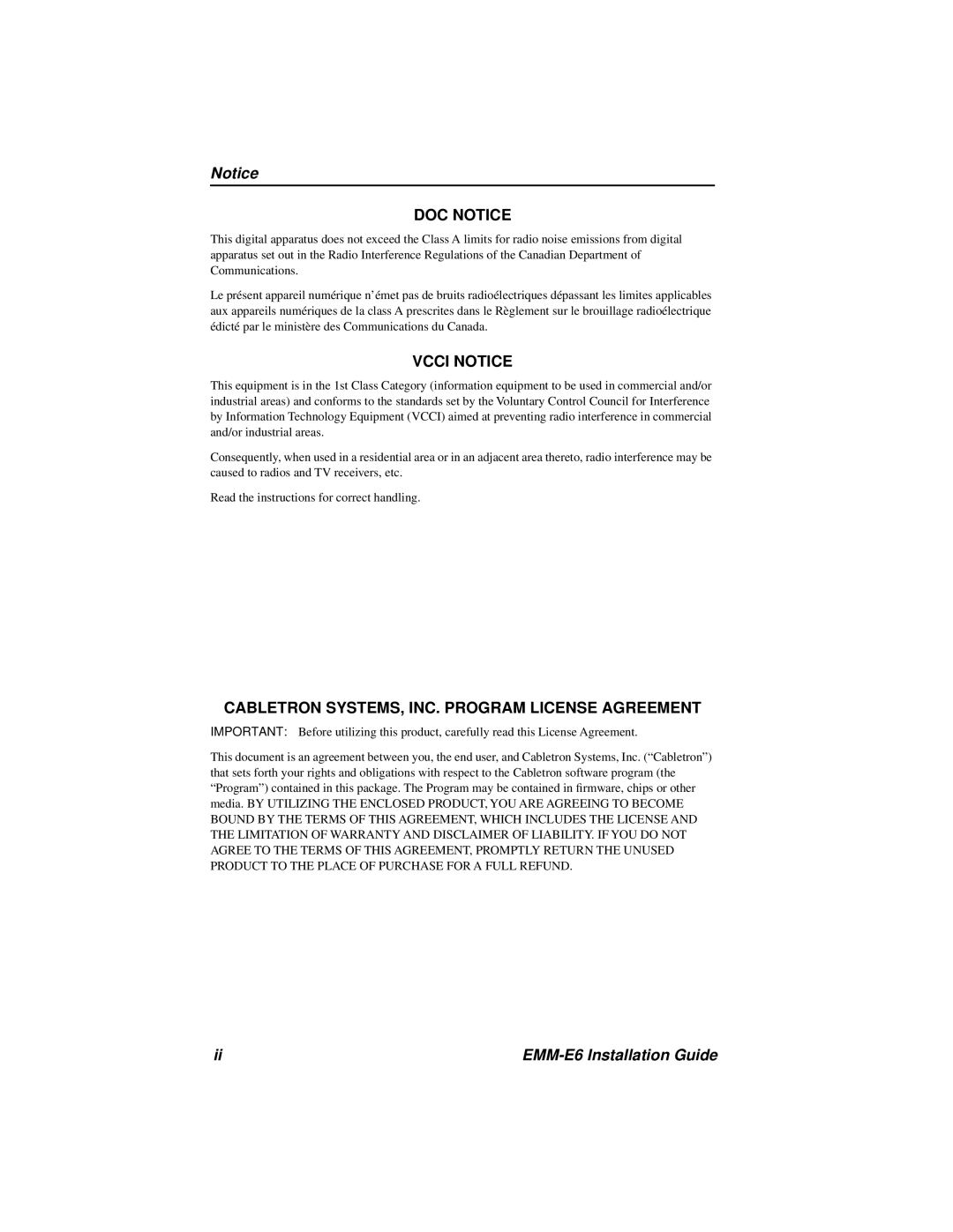 Cabletron Systems EMM-E6 manual DOC Notice 