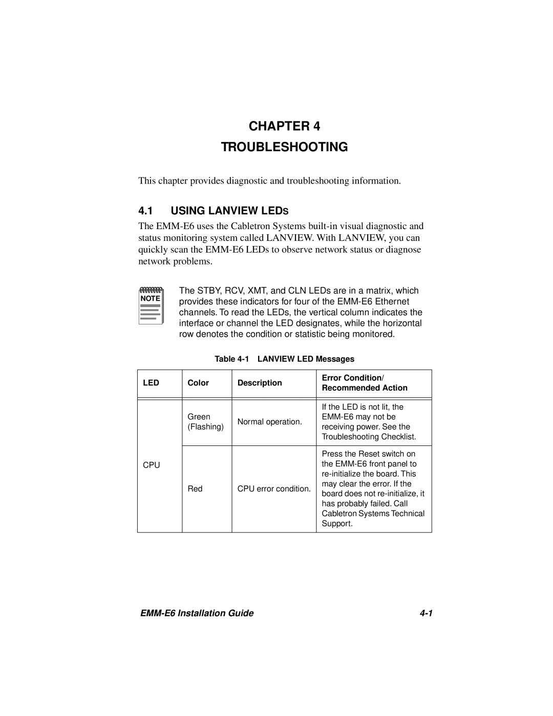 Cabletron Systems EMM-E6 manual Chapter Troubleshooting, Using Lanview Leds 