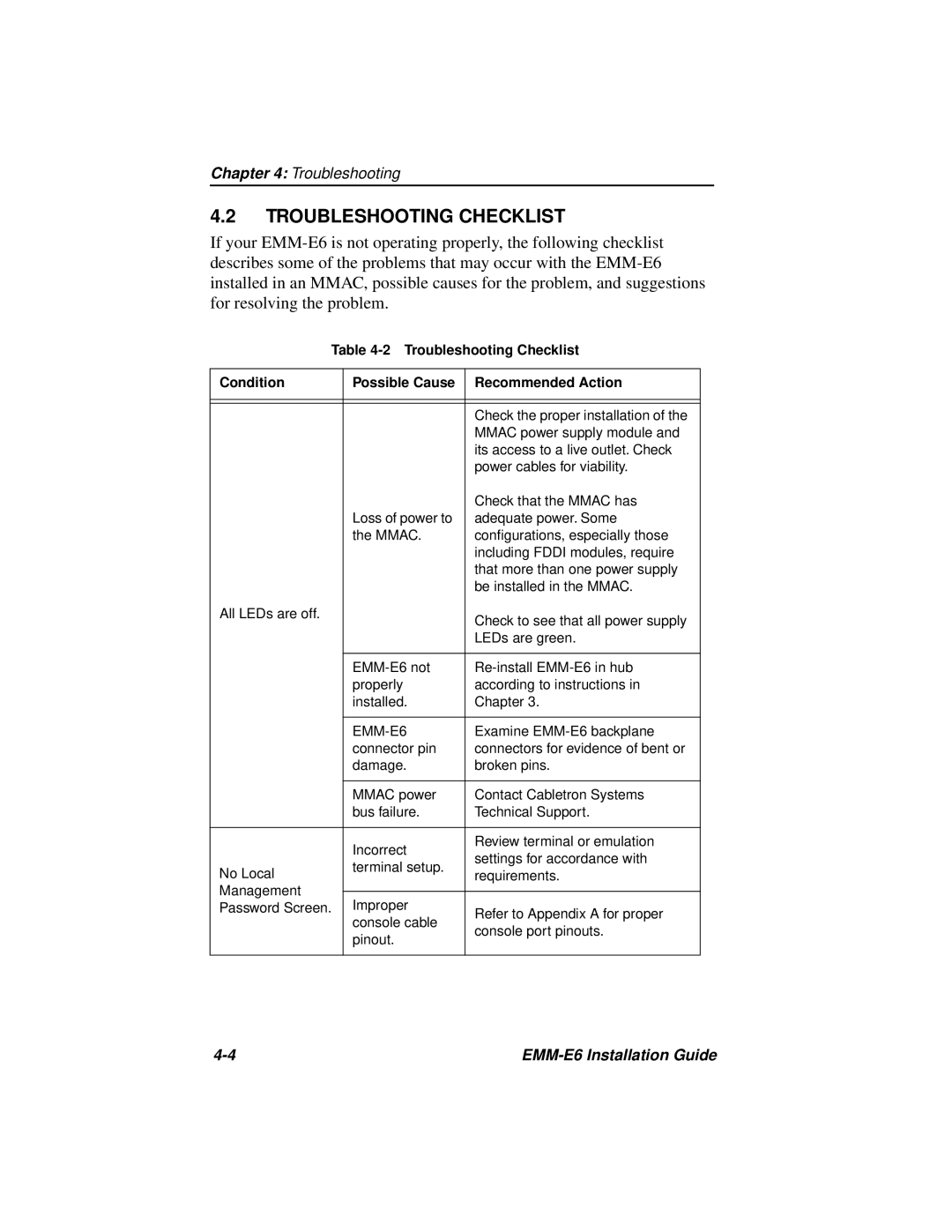 Cabletron Systems EMM-E6 manual Troubleshooting Checklist 