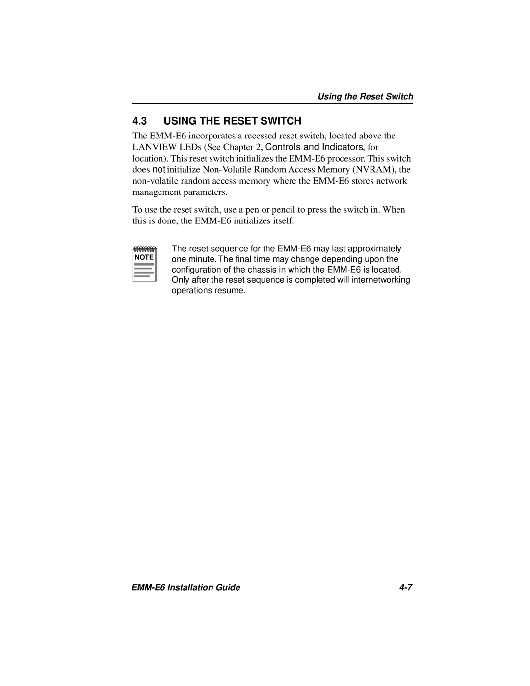 Cabletron Systems EMM-E6 manual Using the Reset Switch 