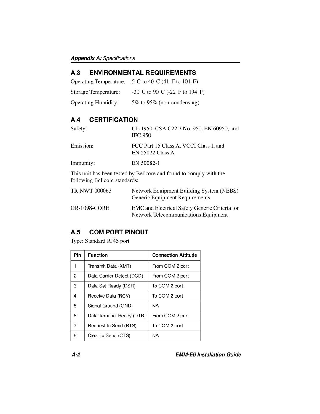 Cabletron Systems EMM-E6 manual Environmental Requirements, Certification, COM Port Pinout 