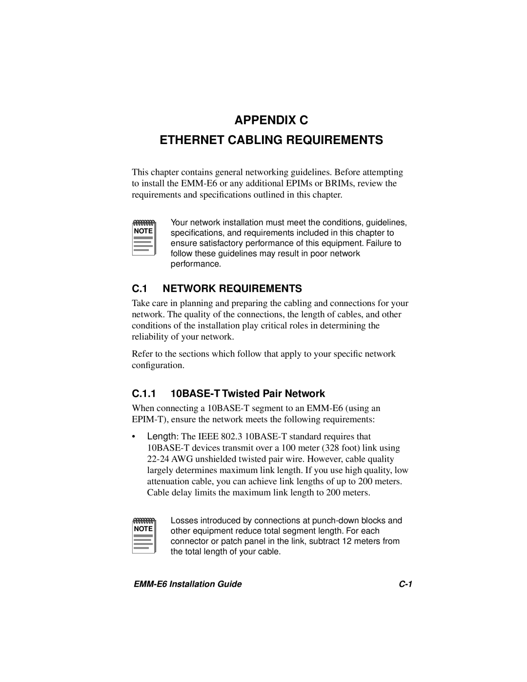 Cabletron Systems EMM-E6 Appendix C Ethernet Cabling Requirements, Network Requirements, 1 10BASE-T Twisted Pair Network 