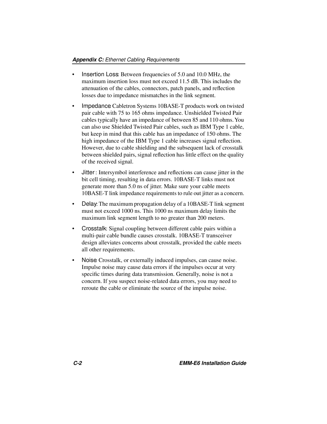 Cabletron Systems EMM-E6 manual Appendix C Ethernet Cabling Requirements 