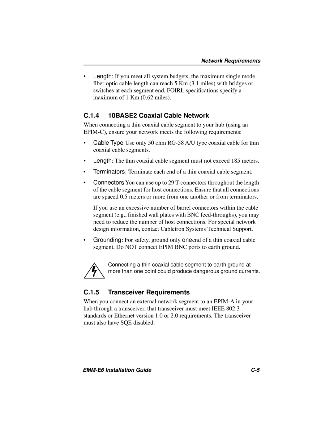 Cabletron Systems EMM-E6 manual 4 10BASE2 Coaxial Cable Network, Transceiver Requirements 