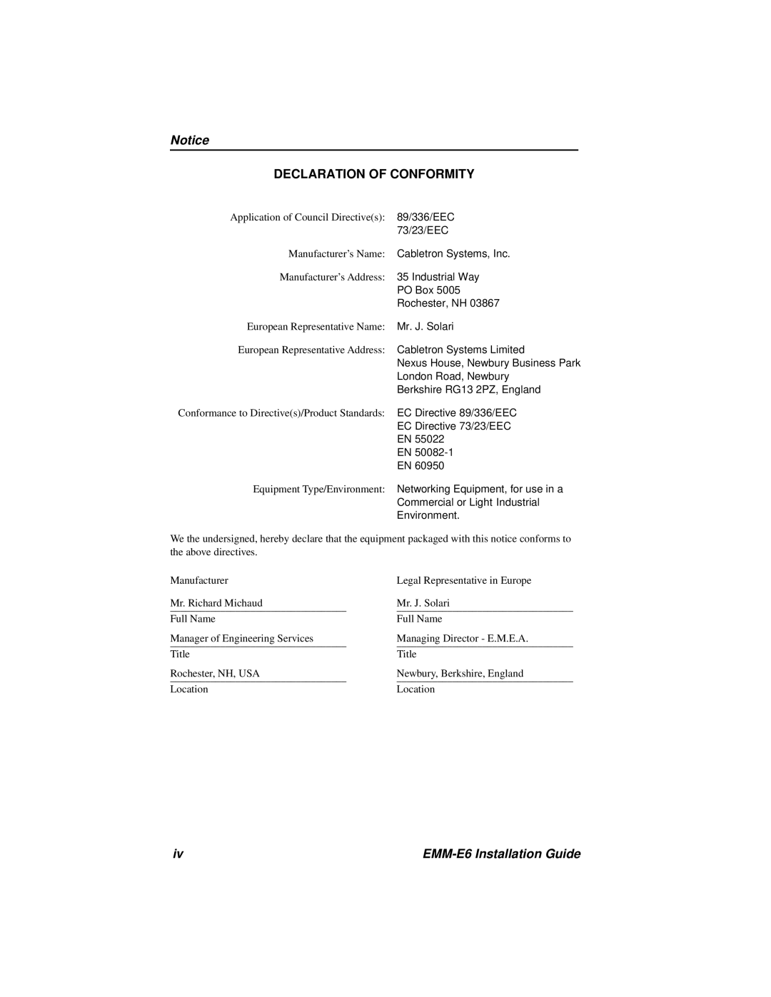 Cabletron Systems EMM-E6 manual Declaration of Conformity 